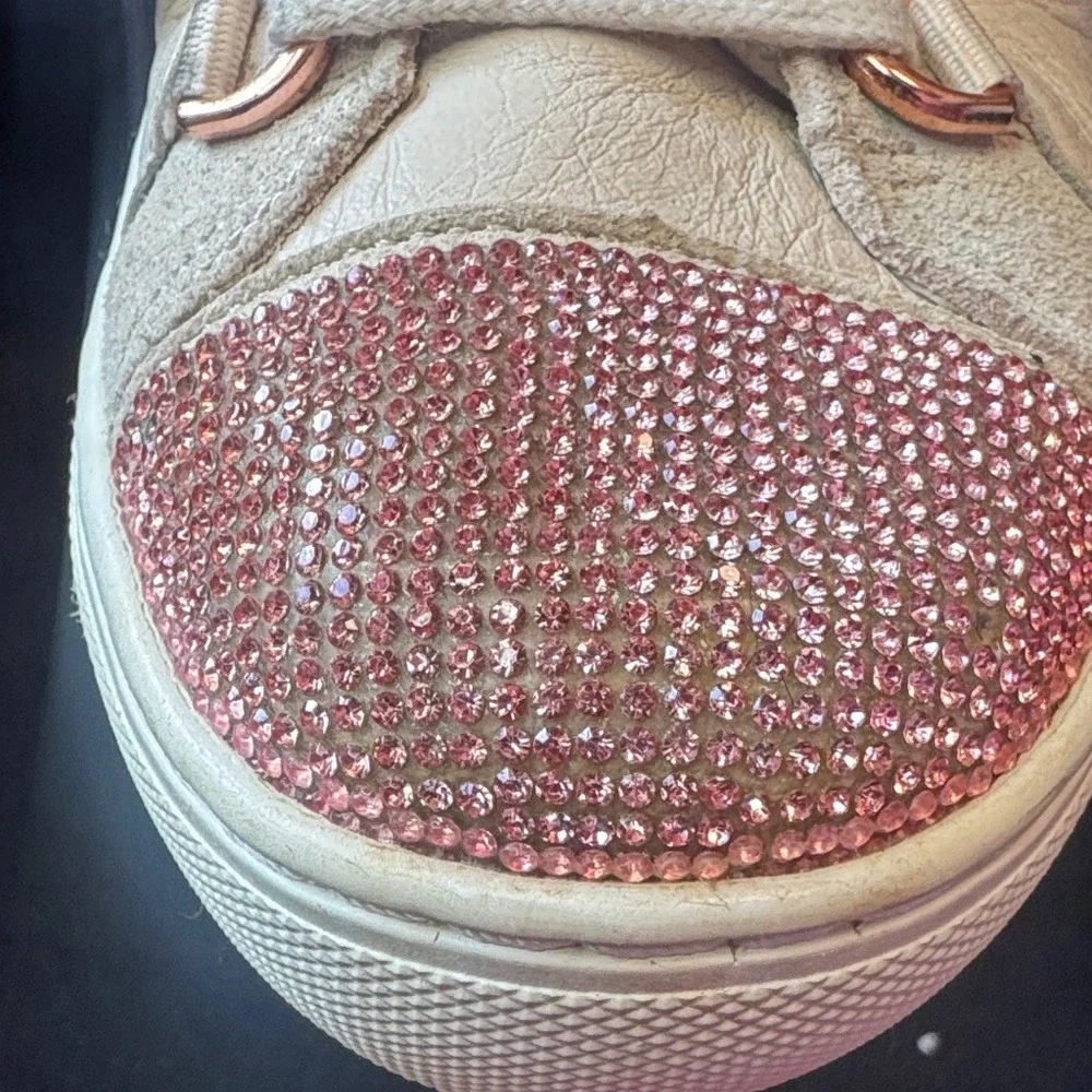 Skechers Street Los Angeles Cream Leather Pink Rhinestone Toe Sneakers Rose Gold - Picture 2 of 7